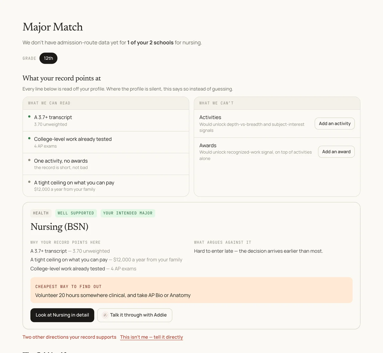 Major Match panel: What your record points at, read from a 3.70 unweighted GPA and four AP exams, with Nursing (BSN) as the lead card, marked well supported.