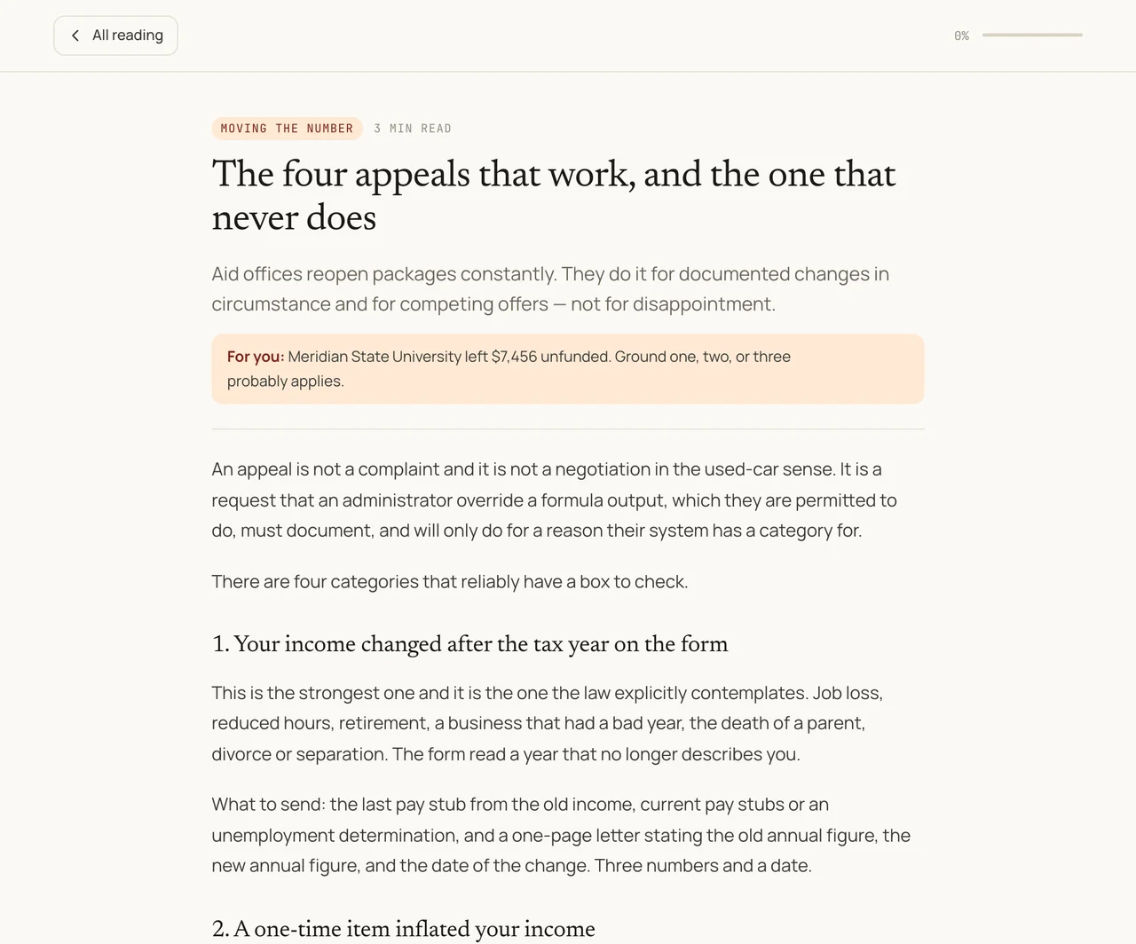 Read: The four appeals that work, and the one that never does, with a note that Meridian State University left $7,456 unfunded.