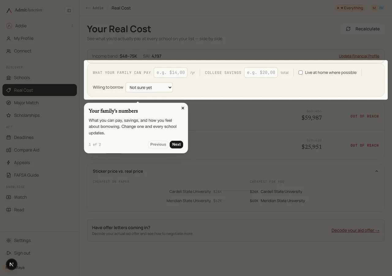 A guided tour in progress over the Real Cost panel: Your family’s numbers, step 1 of 2.